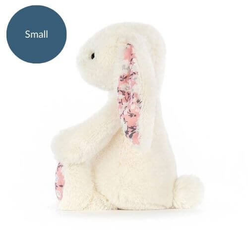 Small Jellycat Blossom Cherry Bunny side view showing floral ear lining