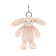 Jellycat Bashful Blush Bunny bag charm with silver clasp on white background
