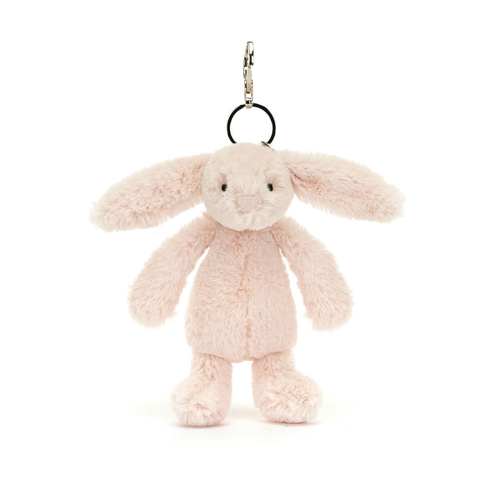 Jellycat Bashful Blush Bunny bag charm with silver clasp on white background