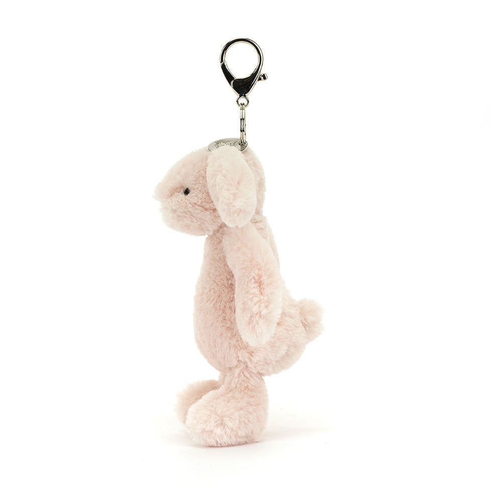 Side view of Jellycat Blush Bunny bag charm showing floppy ears