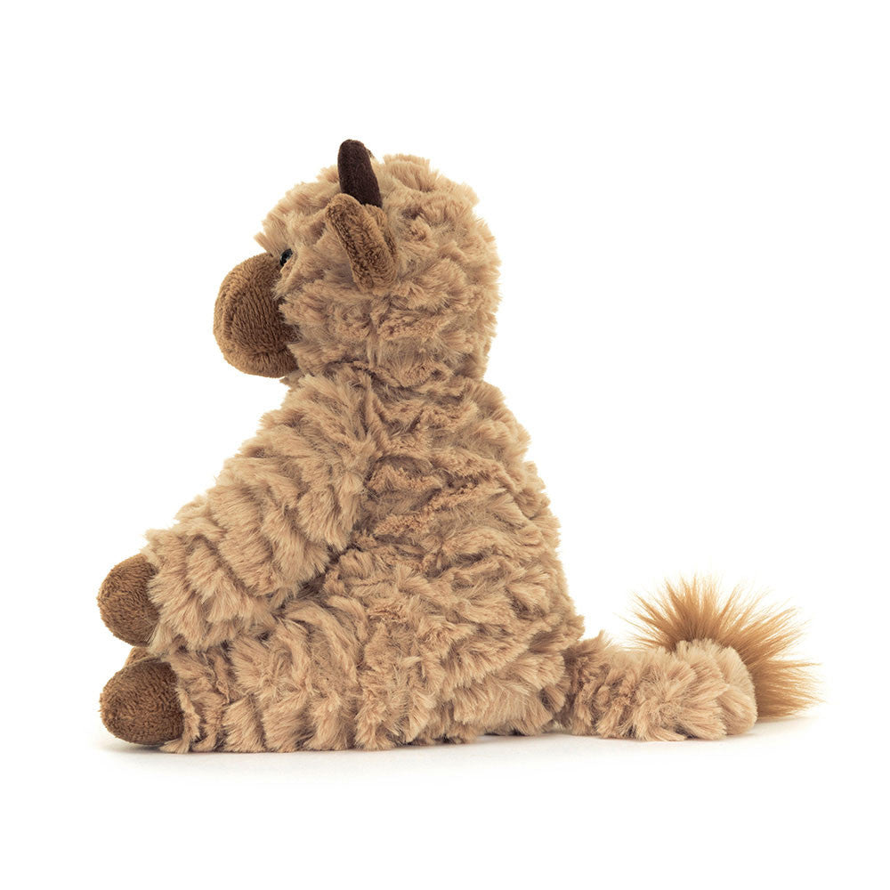 Side view: Side profile of Jellycat Fuddles Calf showing its fluffy tail and textured fur.