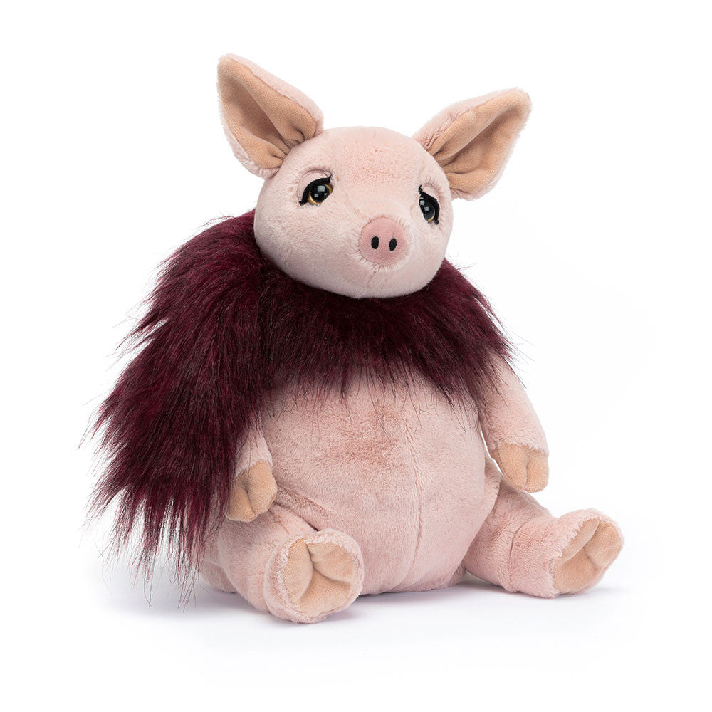 Jellycat Glamorama Pig in a shimmering tutu, showing its soft pink fur and glittery side profile with charming details.