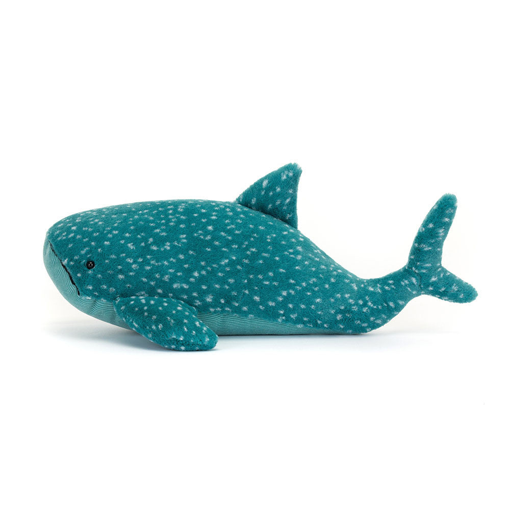 Side profile of Jellycat Gobfrey Whale Shark plush toy – Showcasing the shark’s flappy fins, curved tail, and dotted pattern across its body.