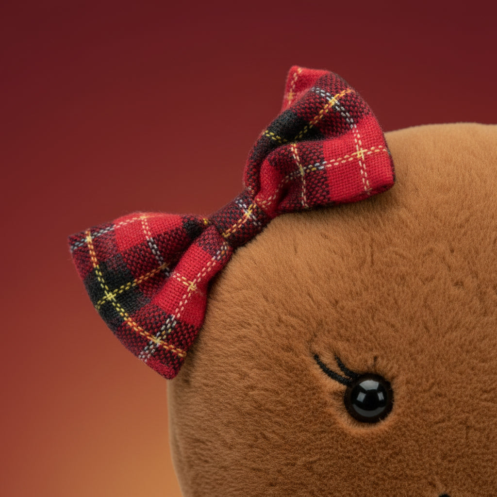 Stuffed gingerbread doll with a plaid bow on a white background