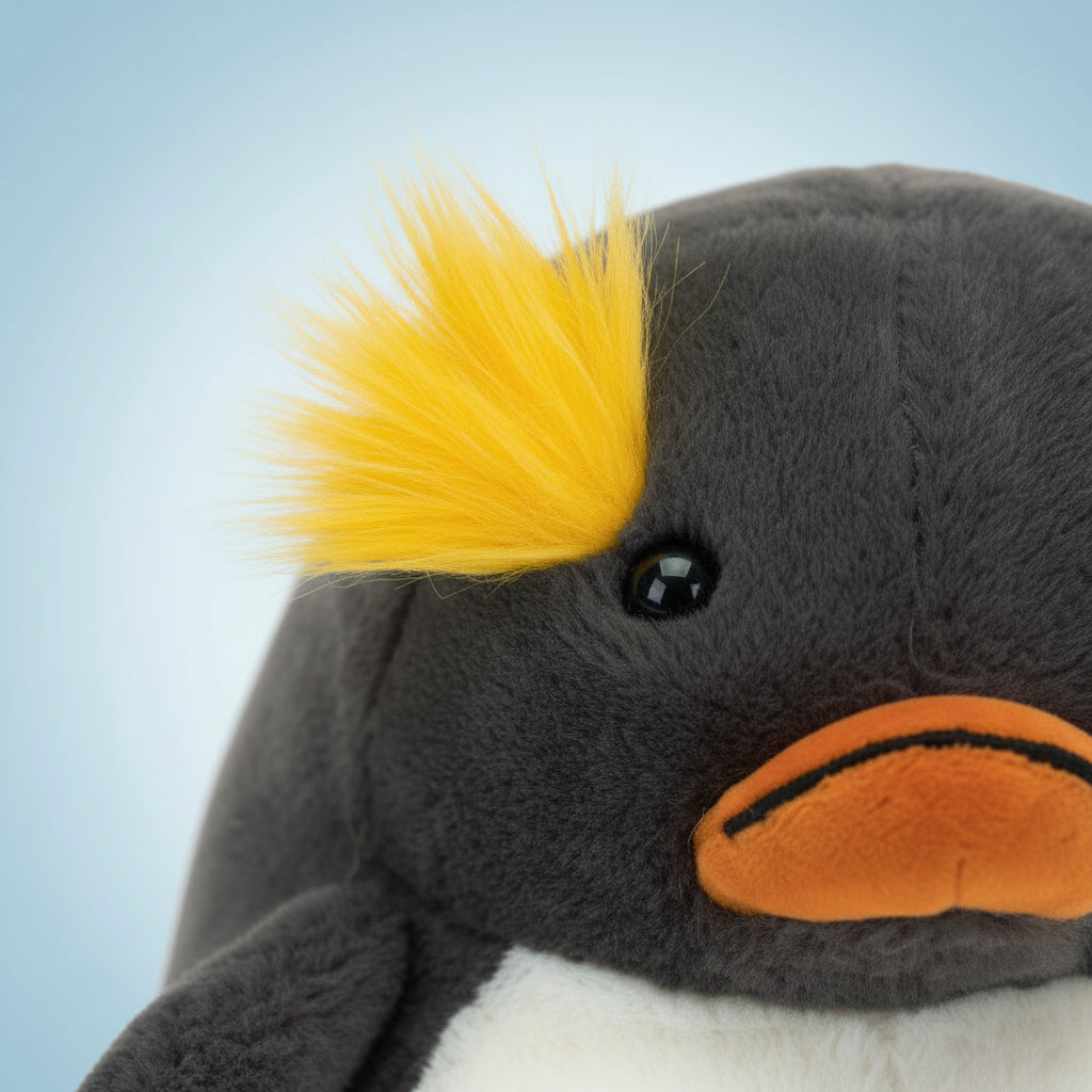 Plush penguin toy with a white belly, gray back, and orange feet and beak on a white background