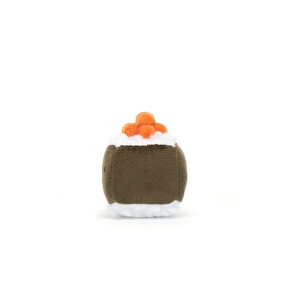 Side view of Jellycat Sassy Sushi Hosomaki, showcasing its cylindrical shape, green nori wrap, and textured white rice.