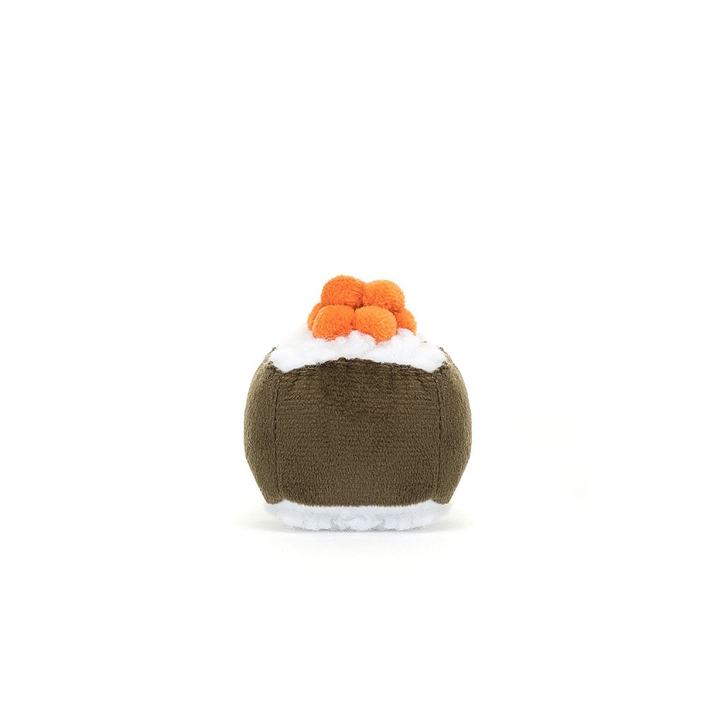 Jellycat Sassy Sushi Hosomaki from the back, emphasizing its rounded shape, plush white rice, and contrast with the green nori.