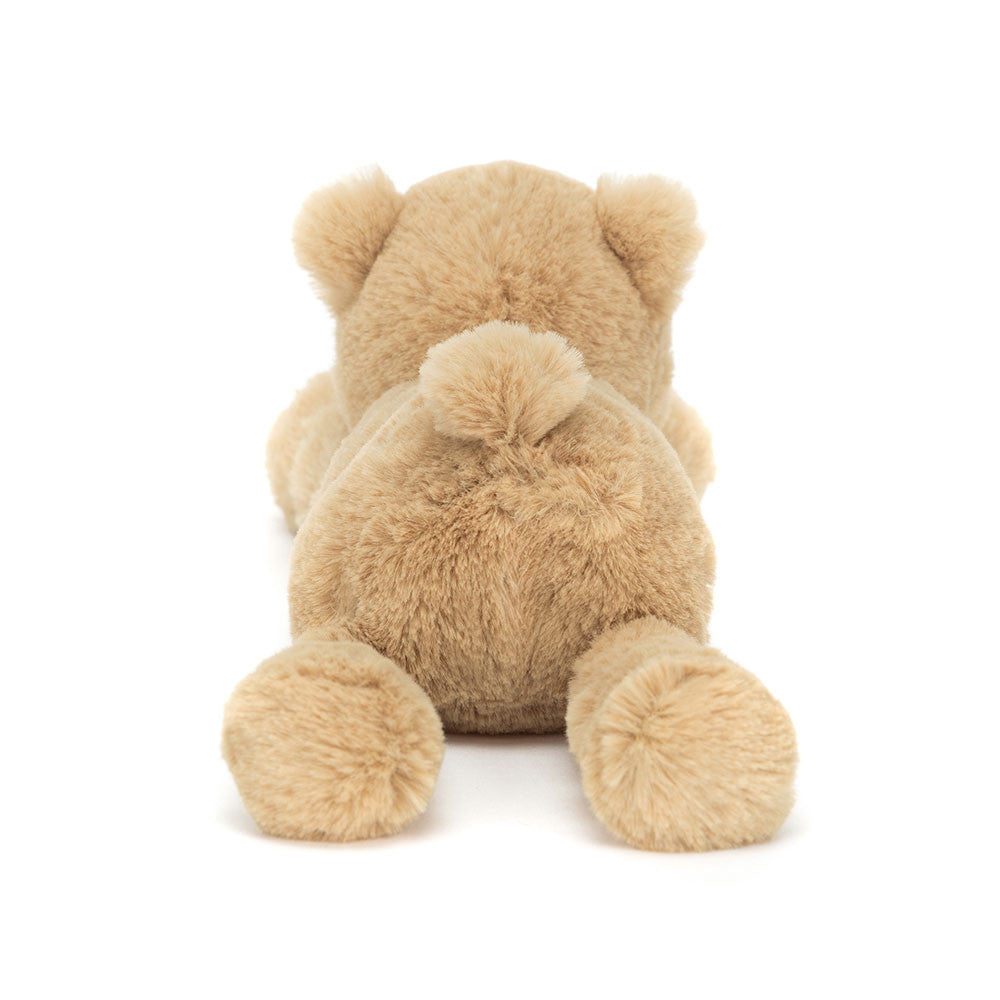 Back view of Jellycat Smudge Bear Tiny, highlighting its tiny tail and soft fur texture.