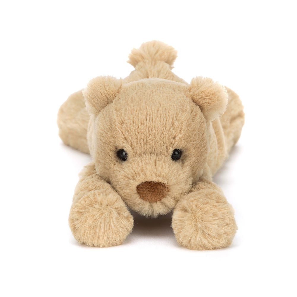Close-up of Jellycat Smudge Bear Tiny’s adorable face with embroidered eyes and a stitched nose.