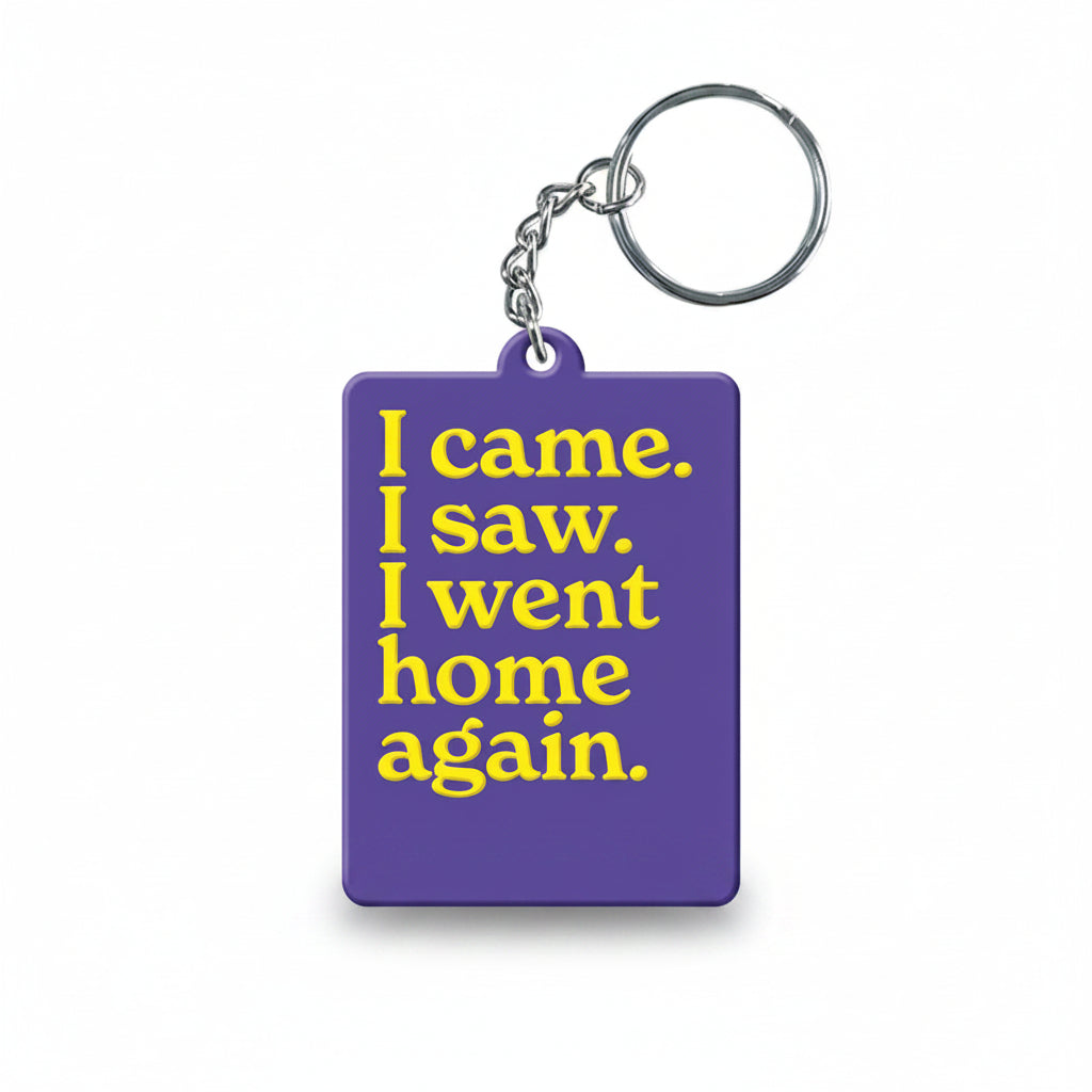 Purple I came I saw novelty keyring with yellow slogan text on silver ring