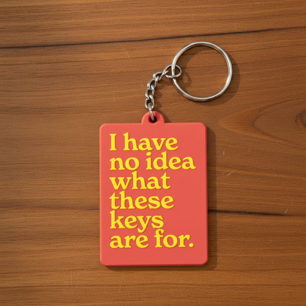 Red keychain with yellow text on a white background