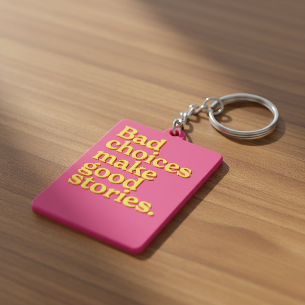 Pink keychain with yellow text 'Bad choices make good stories' on a white background
