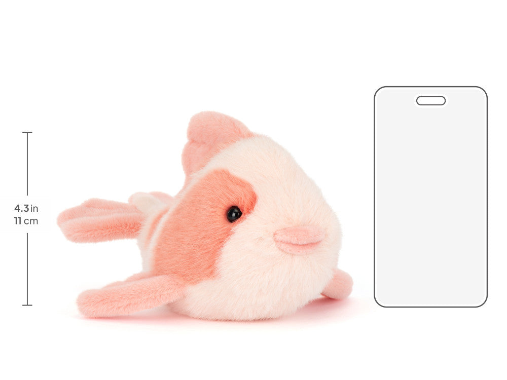 Size guide showing Fancy Carp plush at 11cm beside a mobile phone