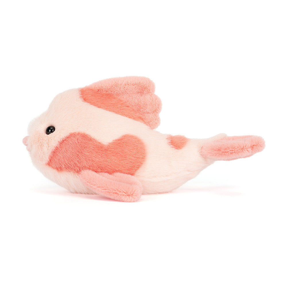 Fancy Carp plush from above showing coral markings, fins and flouncy tail