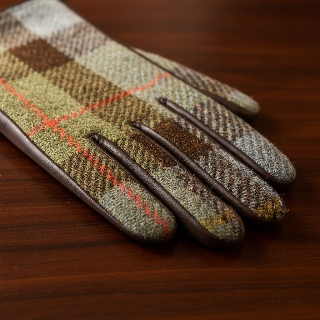 Close-up of glove fingers in green, blue and rust Harris Tweed®, showing fine wool texture and brown leather accents.