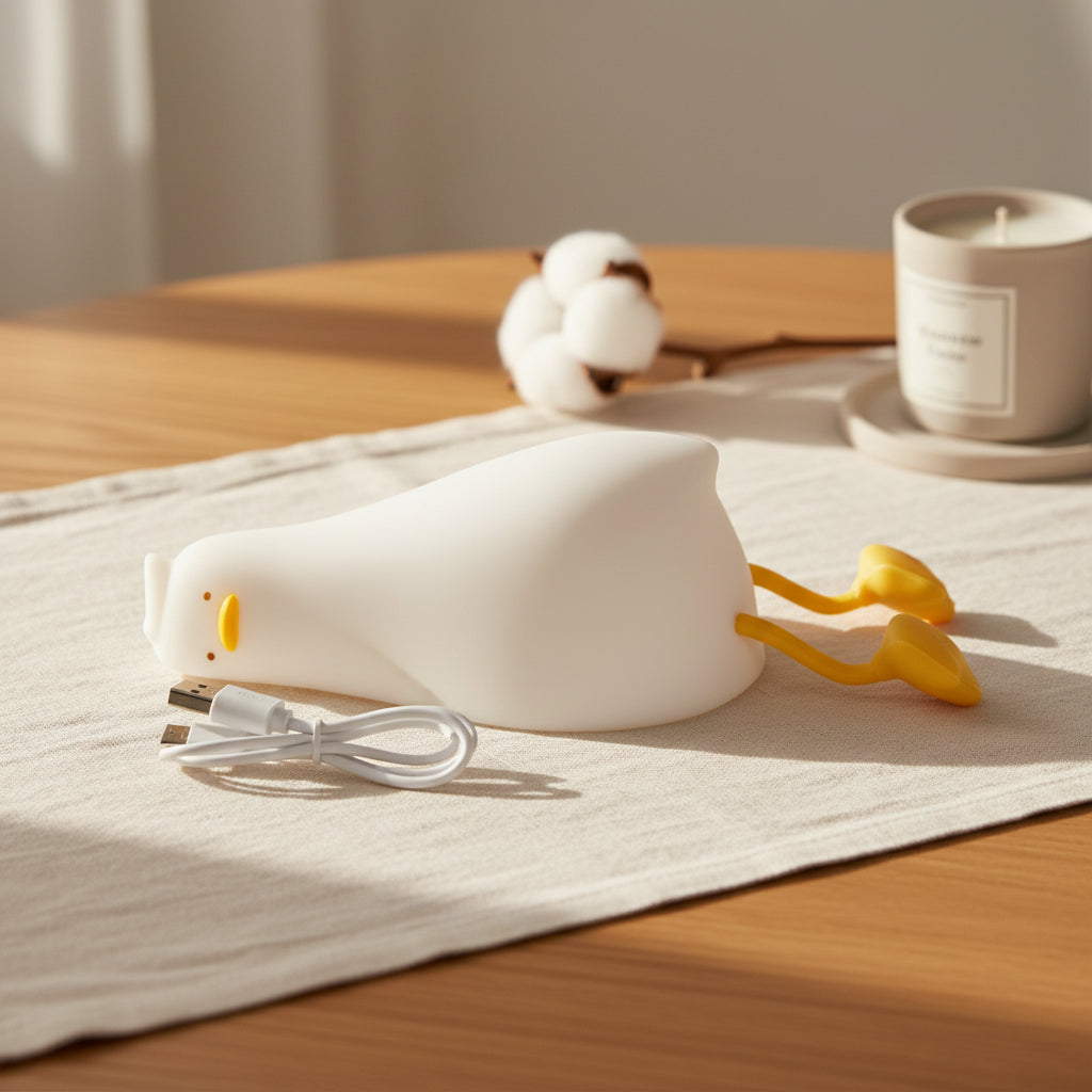 USB-C rechargeable Lazy Duck night light with charging cable included.