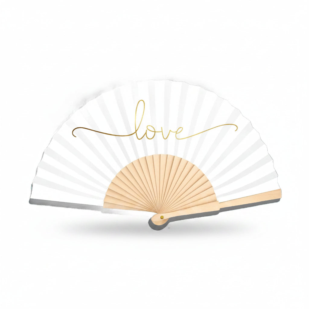 Love gold script fan displayed on white background