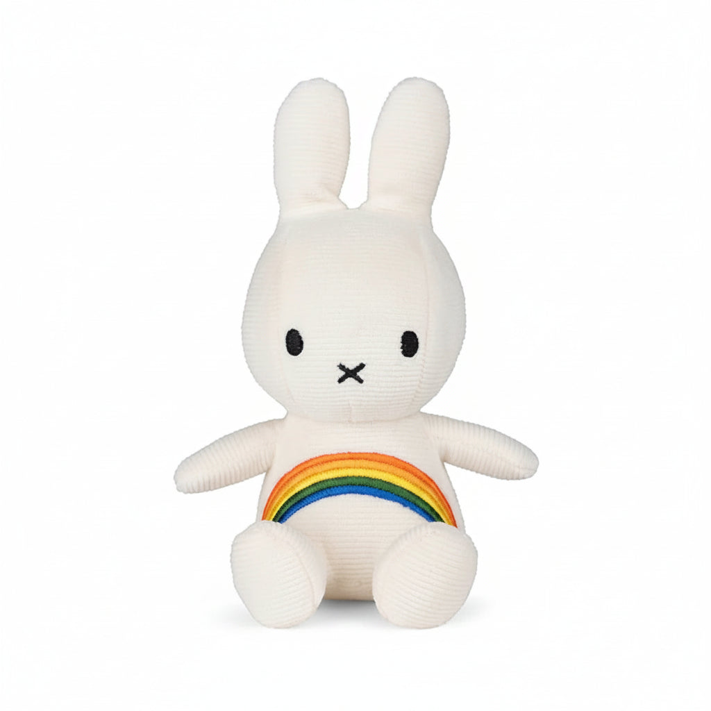 Miffy corduroy rainbow plush front facing with colourful design detail