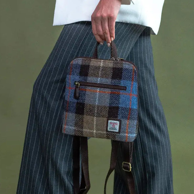 Harris Tweed Mini Backpack in Blue-Brown Check