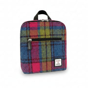 Blue And Pink Check Harris Tweed mini backpack front angled view on white background.