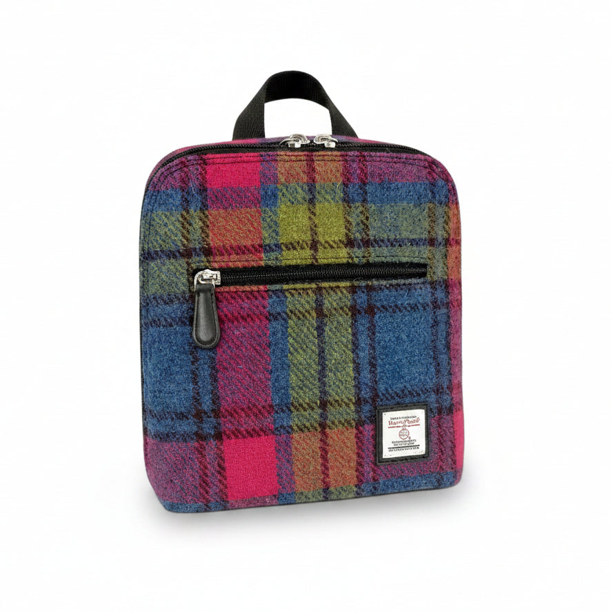 Blue And Pink Check Harris Tweed mini backpack front angled view on white background.