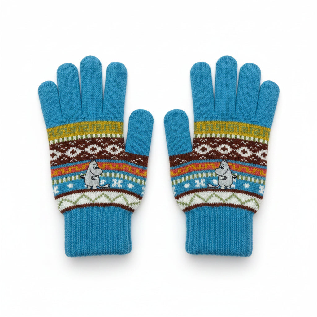 Flat lay of Moomin Fair Isle gloves showing front design with Moomintroll embroidery.