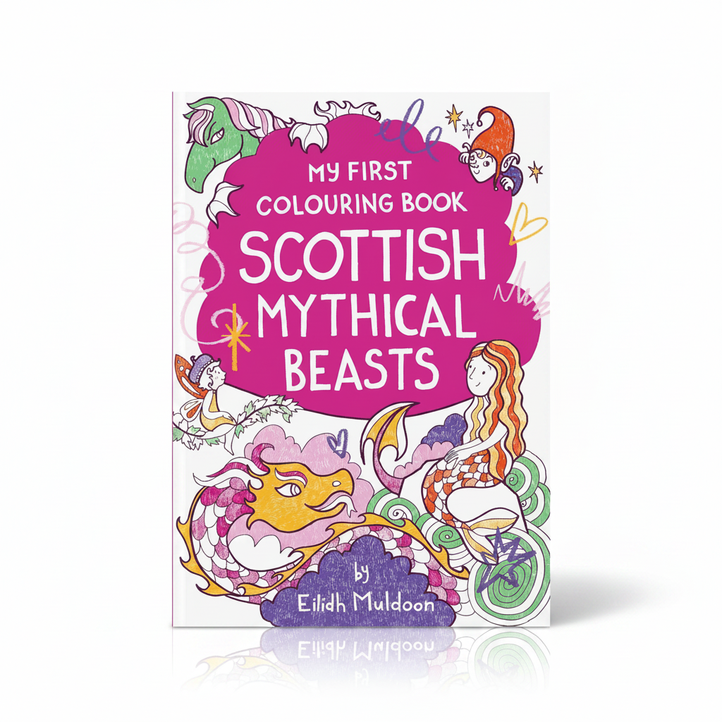 Brightly illustrated cover of My First Colouring Book: Scottish Mythical Beasts by Eilidh Muldoon, featuring colourful drawings of a mermaid, dragon, and fairy on a vibrant pink background.