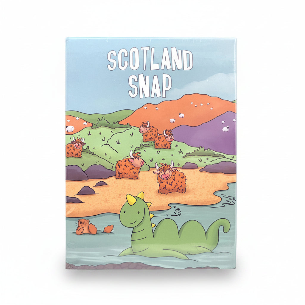 Scotland Snap card game box with colourful Scottish Highland illustration and Nessie on the cover.