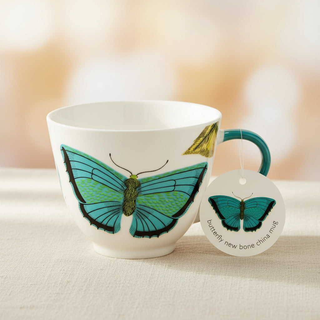 White new bone china mug with blue butterfly design and teal handle.