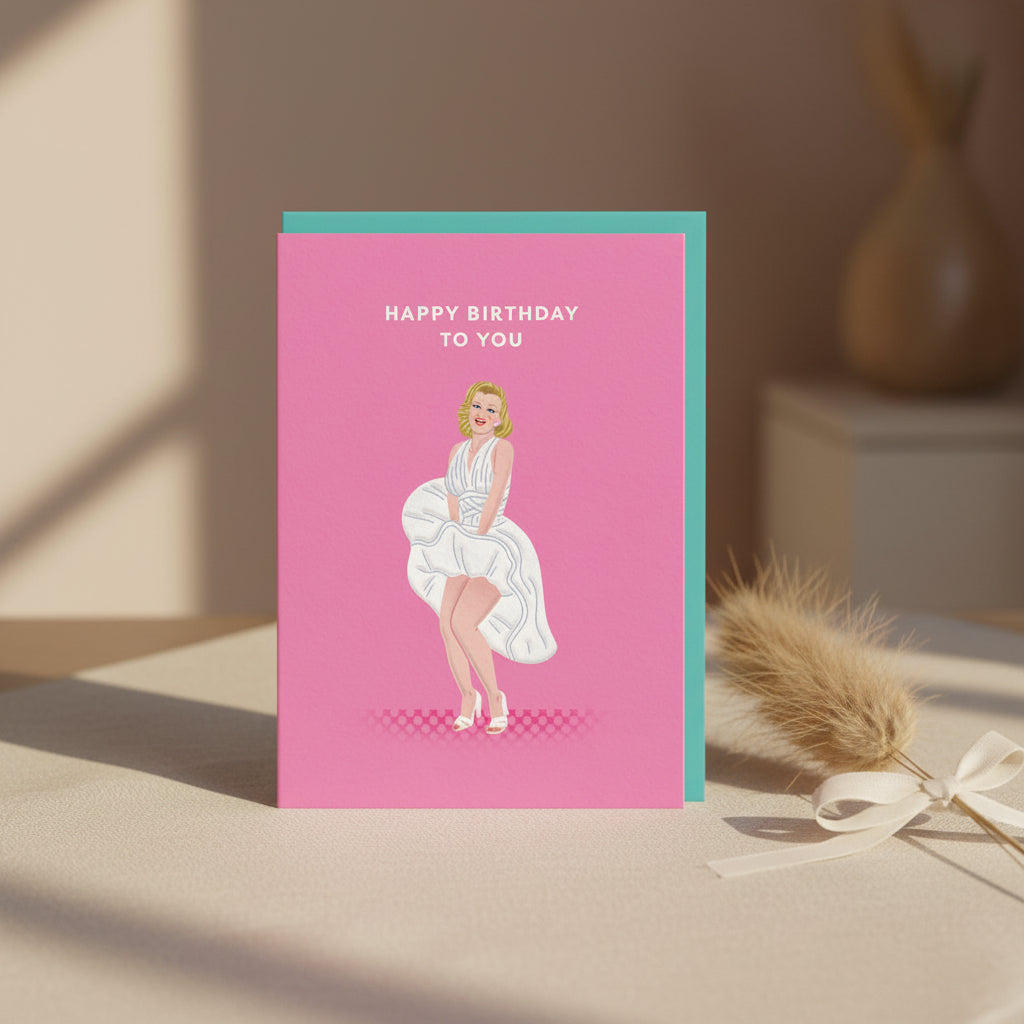 Birthday card with a woman in a white dress on a pink background