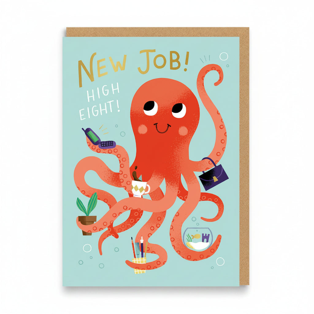 Mint new job card with a coral octopus holding office things