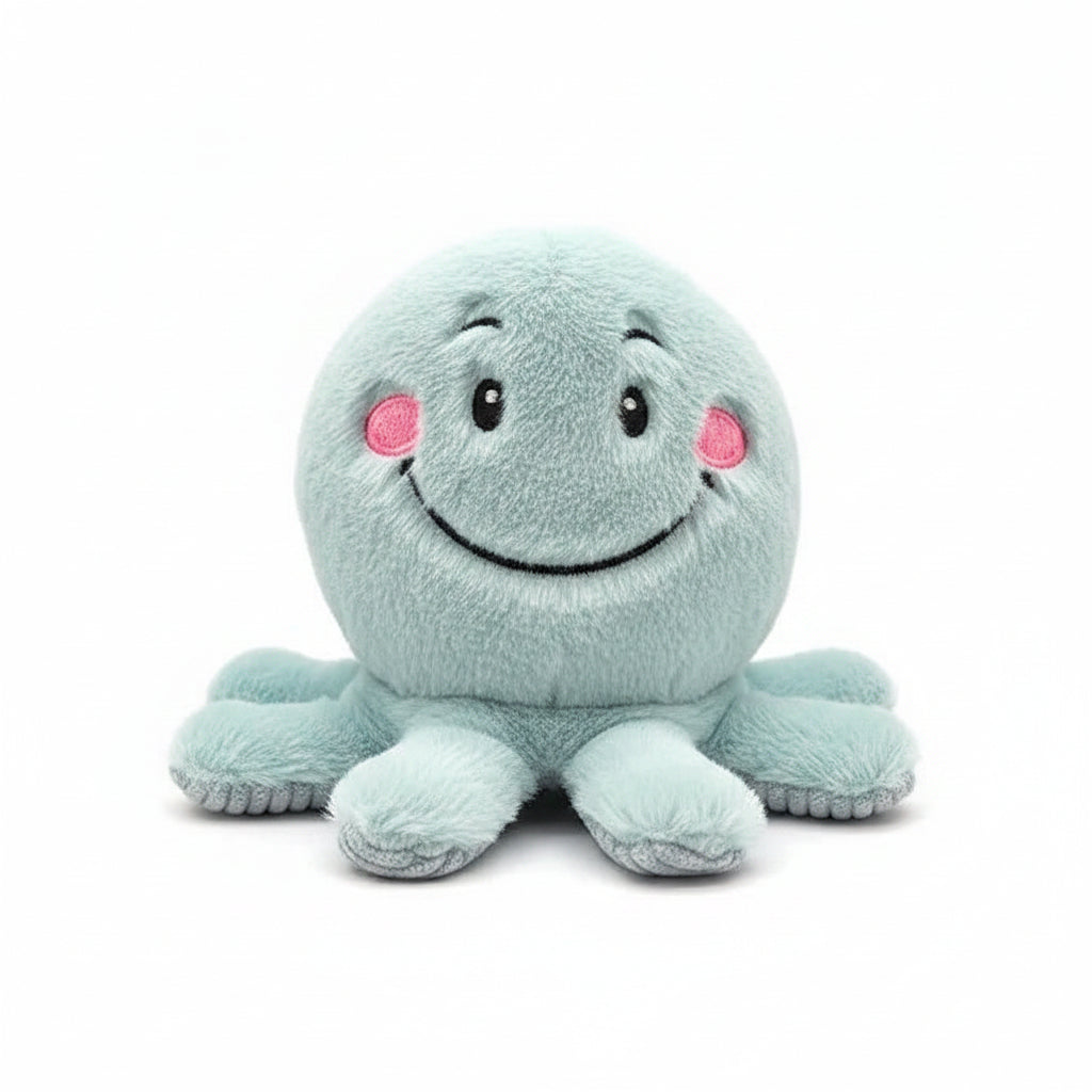 Mint green octopus plush toy with smiling face on white background