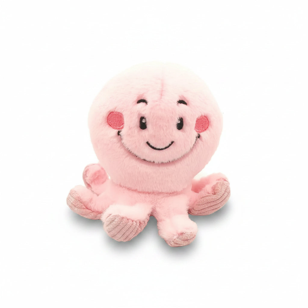 Pink octopus plush toy close-up showing embroidered face detail
