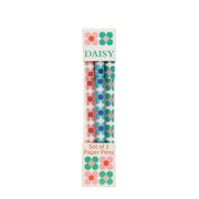 Set of three daisy print paper ballpoint pens in floral printed card box with pink, blue, and green flower designs.