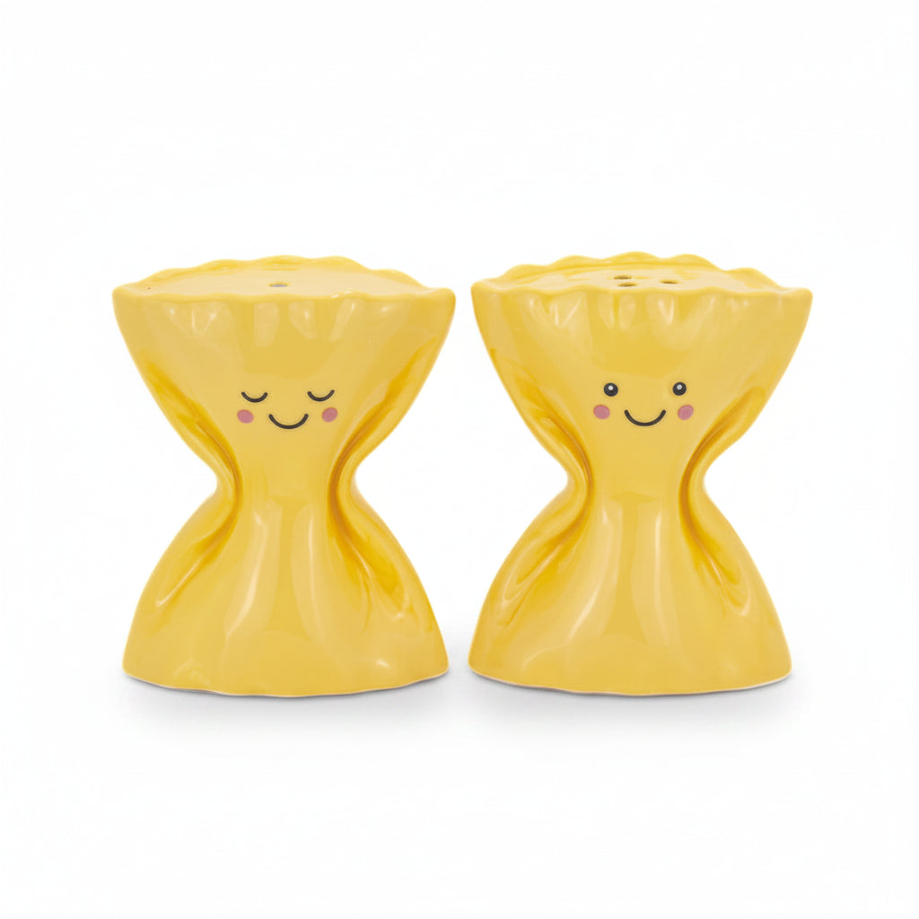 Pasta Farfalle Salt & Pepper Shakers in glossy yellow ceramic with smiling faces.