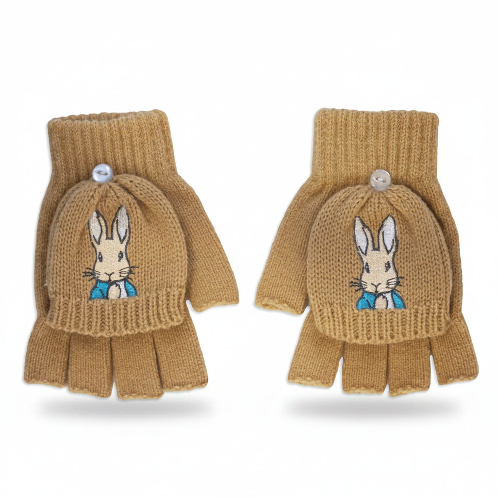 Neutral Peter Rabbit™ Mittens – tan knit flip-top gloves with Peter Rabbit embroidery on front.