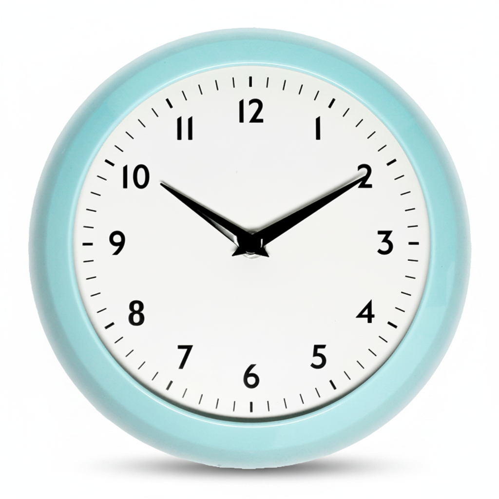 Blue retro wall clock front view showing Arabic numerals