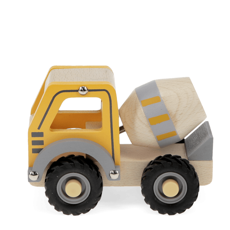Close view of yellow beech wood cement mixer truck toy