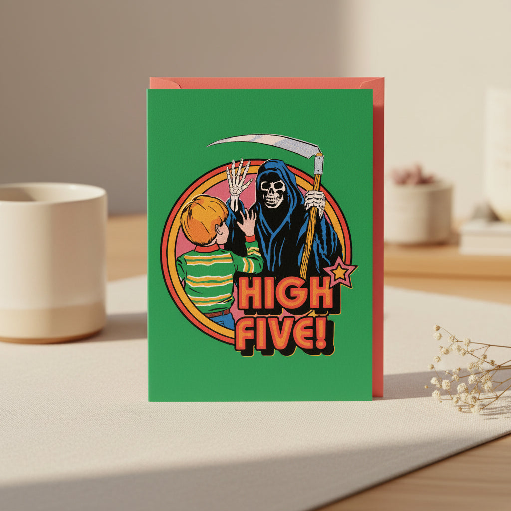 Card with a cartoon-style illustration of a child and the Grim Reaper high-fiving, with 'High Five!' text on a green background.