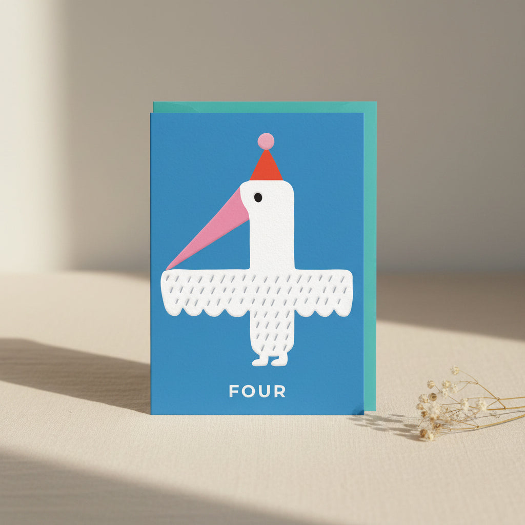 Card with a stork illustration and the number '4' on a blue background