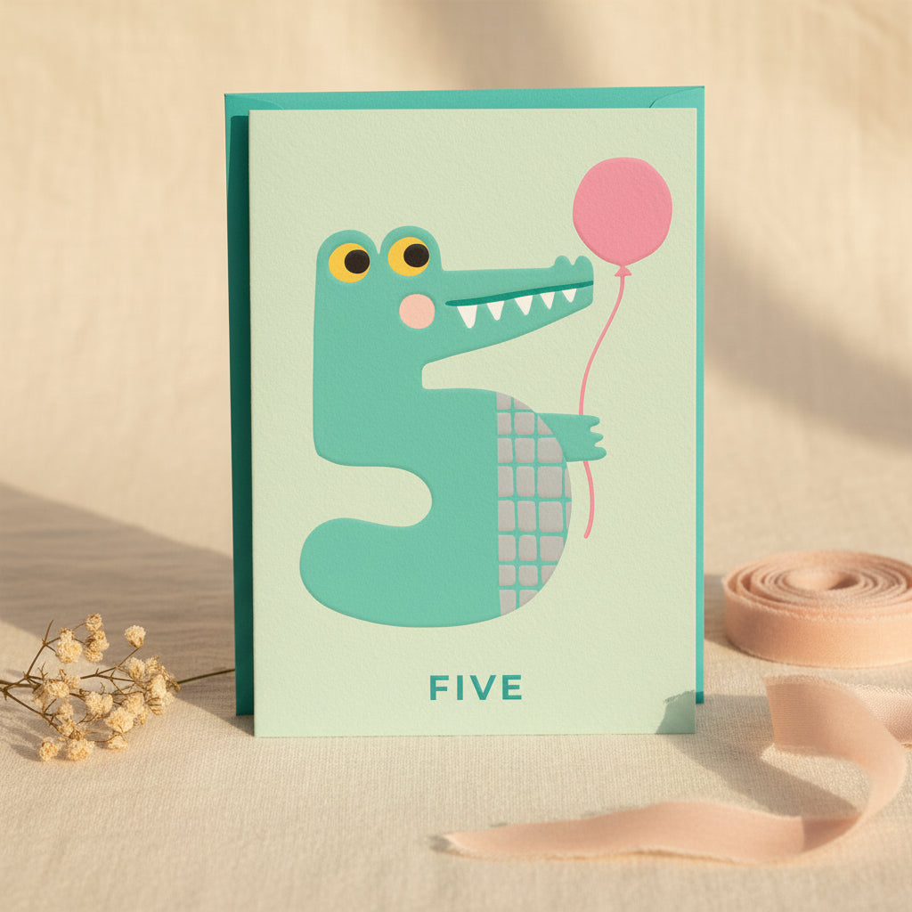Card with a crocodile design holding a pink balloon, labeled 'FIVE'.