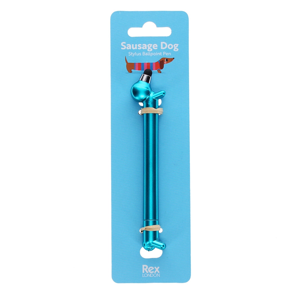Metallic blue sausage dog-shaped stylus pen on blue Rex London backing card with product name and illustrated dachshund graphic.