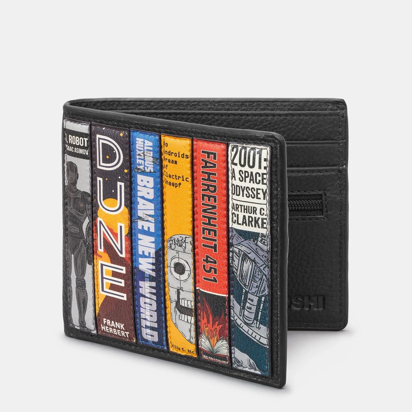 Bi-fold leather wallet with sci-fi book applique front and smooth black leather back.