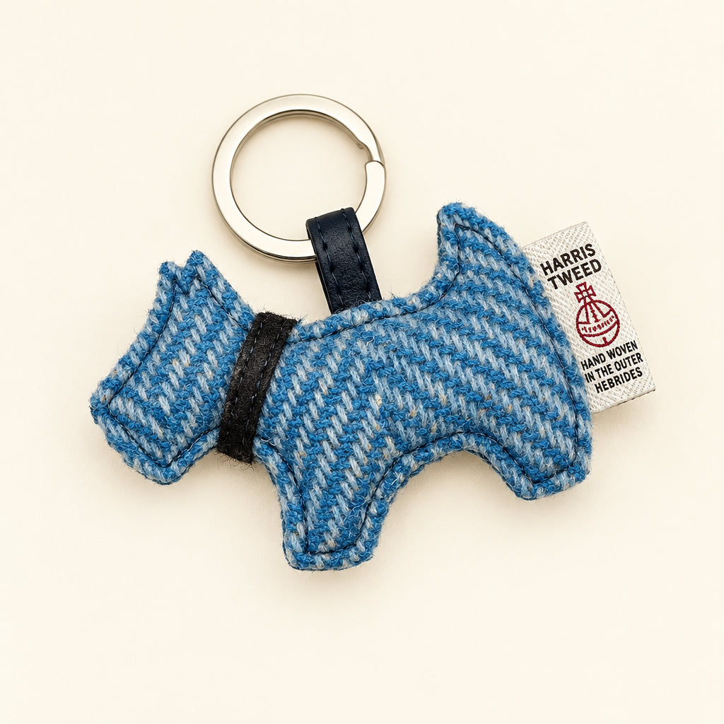 Blue dog-shaped keychain with a tag on a white background