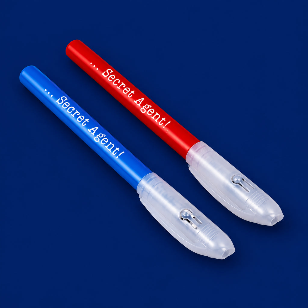 Red and blue Secret Agent Invisible Ink Pens with UV light caps.
