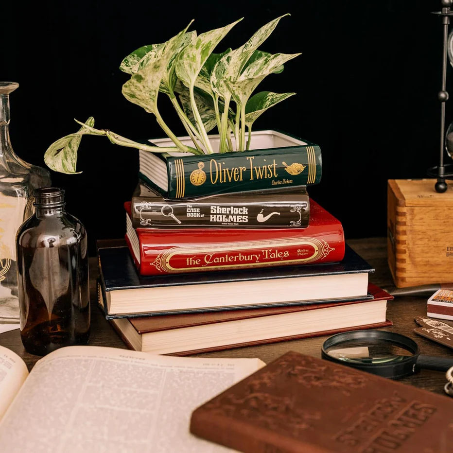 Ceramic stacked book planter featuring Oliver Twist, Sherlock Holmes, and The Canterbury Tales titles, used as a decorative plant pot.