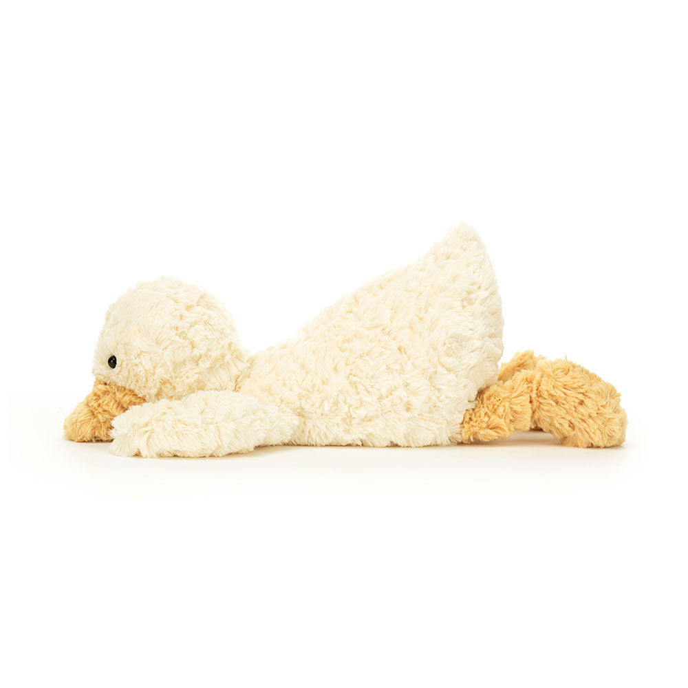 Jellycat Tumblie Duck side view showing golden beak and tail, white background