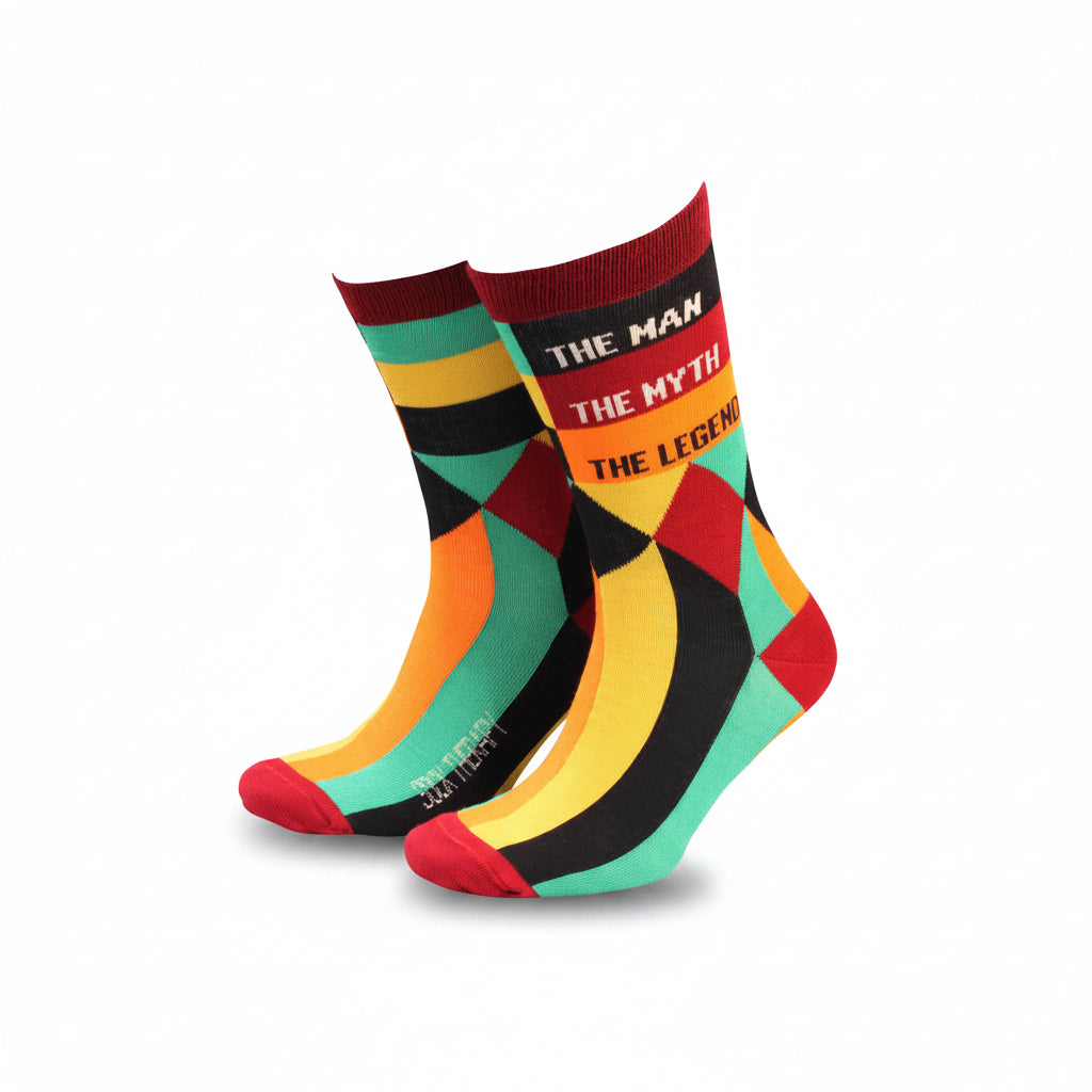 The Man The Myth The Legend bamboo socks standing on white background