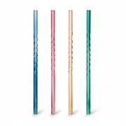 Set of four coloured twist glass straws on white background.