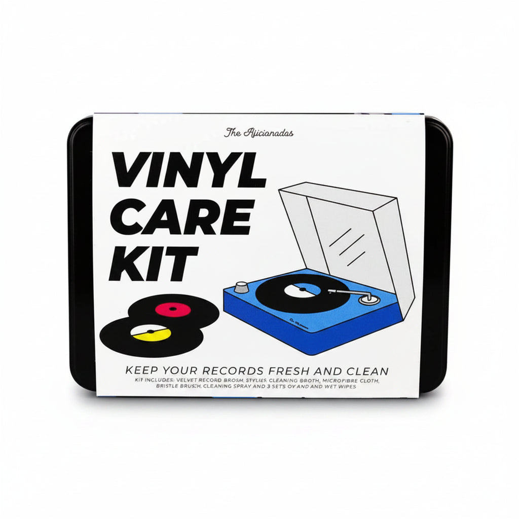 Vinyl Care Kit in storage tin with turntable illustration – record cleaning set
